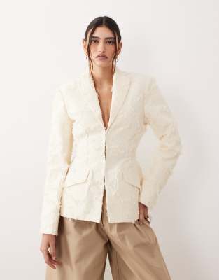 Arrange Textured Cinched Waist Blazer In White