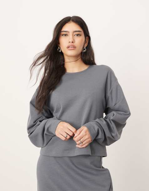 ARRANGE textured jersey boxy top co-ord with pleat sleeve detail in charcoal - view 1
