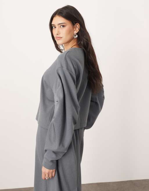 ARRANGE textured jersey boxy top co-ord with pleat sleeve detail in charcoal, 2 of 4