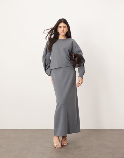 ARRANGE textured jersey boxy top co-ord with pleat sleeve detail in charcoal, 4 of 4