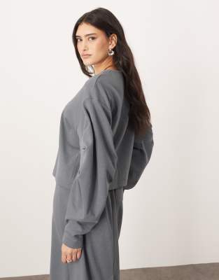 Arrange Textured Jersey Boxy Top With Pleat Sleeve Detail In Gray