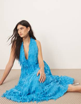 Arrange Textured Laser-cut Halterneck Trapeze Maxi Dress In Blue
