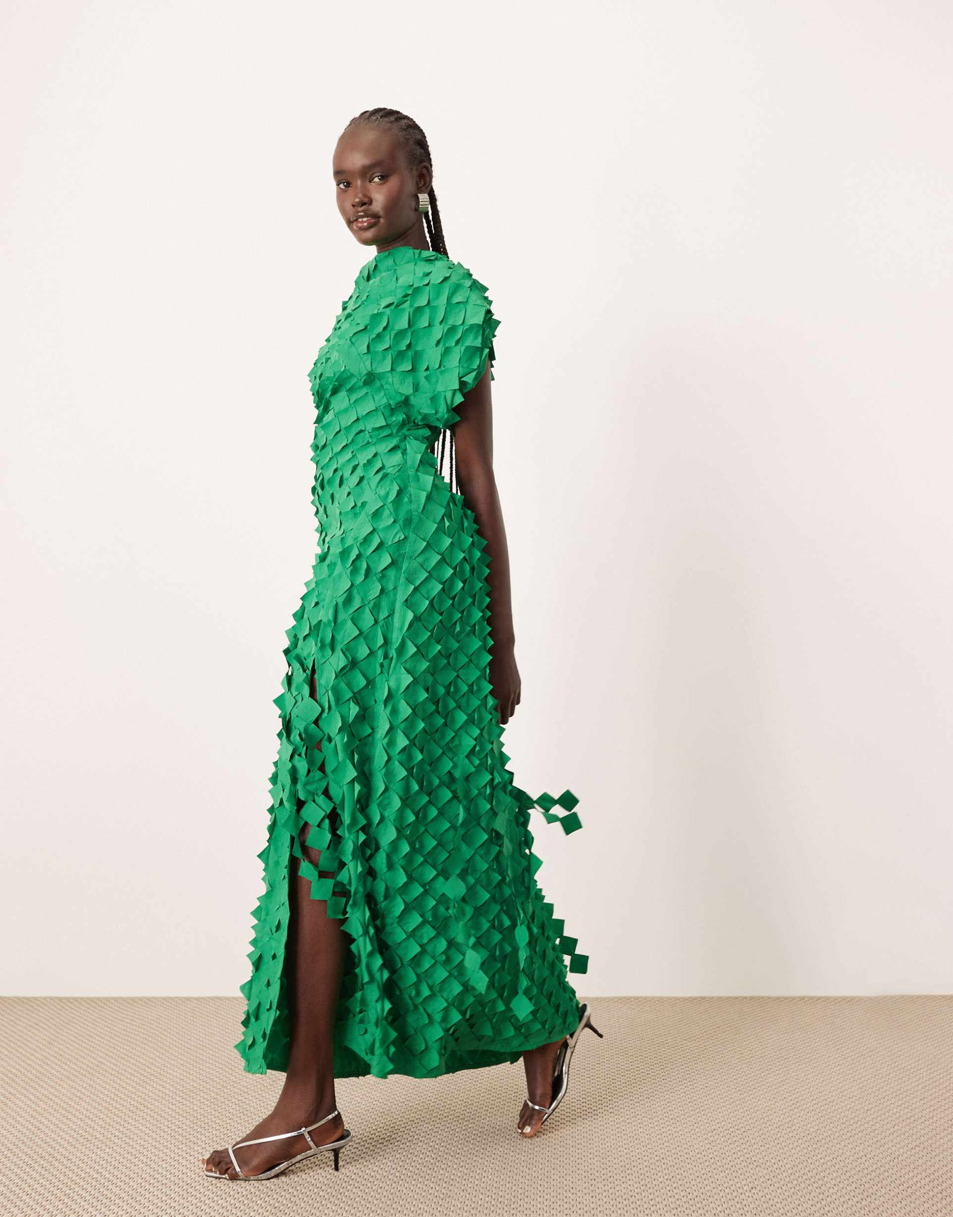 arrange textured laser cut midi dress with split in green