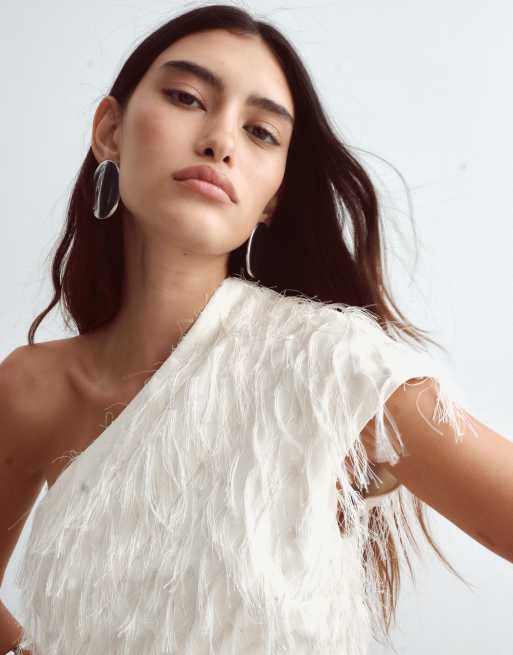 ARRANGE textured one-shoulder drape top in cream, 3 of 4