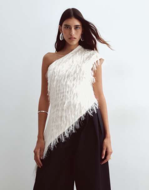 ARRANGE textured one shoulder draped top in cream - view 1