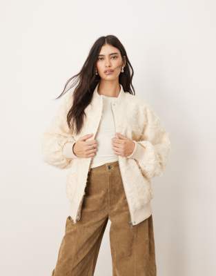 textured oversized bomber jacket in cream-White