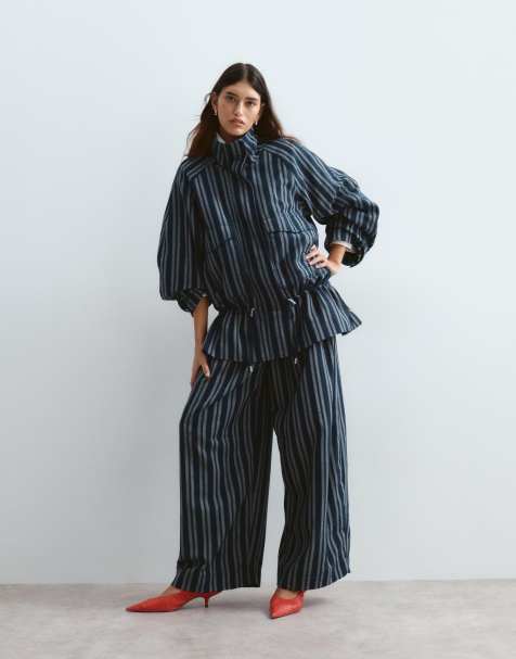 ARRANGE textured oversized jacket and barrel leg pants set in navy stripe - view 1
