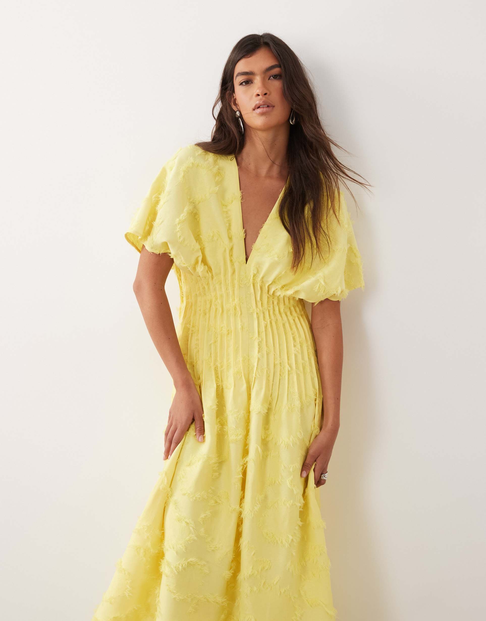 arrange textured pintuck maxi dress in yellow