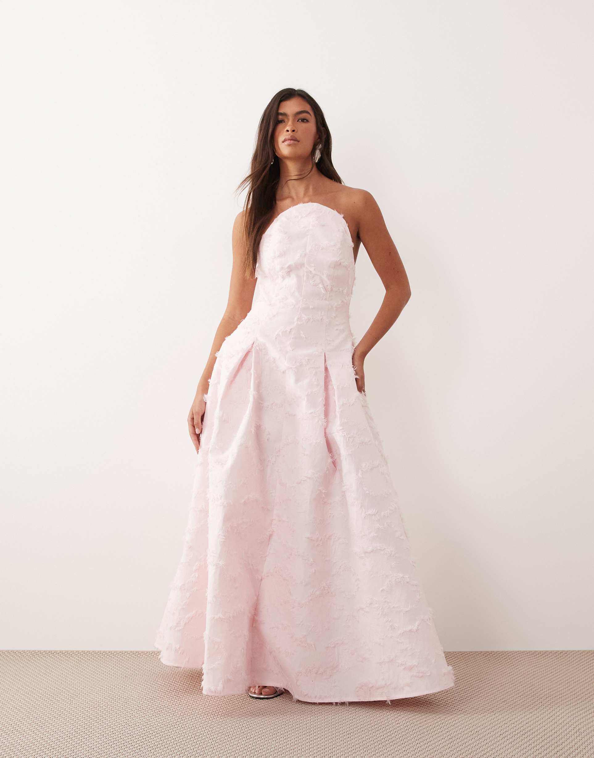 arrange textured structured bandeau maxi dress in light pink