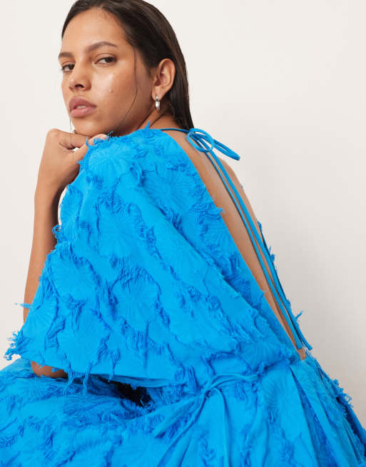 ARRANGE textured tie waist pleated waist midi dress in bright blue