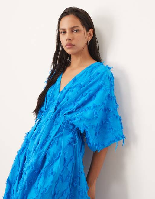 ARRANGE textured tie waist pleated waist midi dress in bright blue