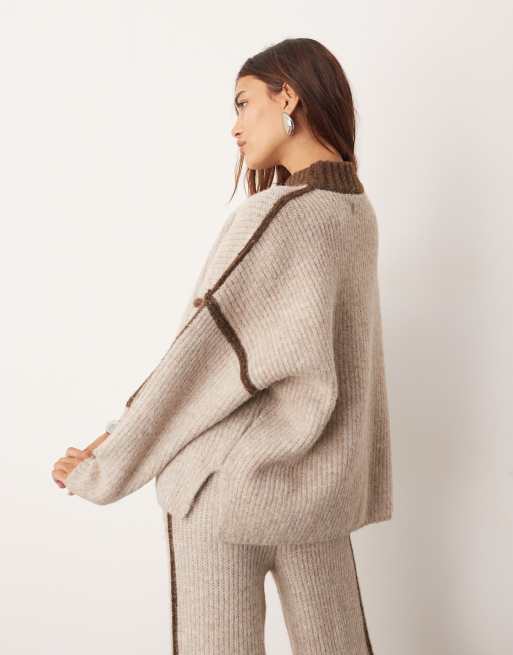 ARRANGE thick rib knit high neck jumper co-ord in oatmeal and chocolate, 4 of 4