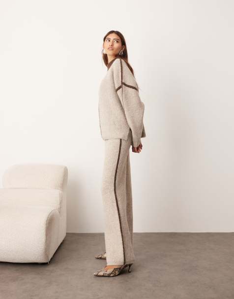 ARRANGE thick rib knit trouser co-ord in oatmeal and chocolate