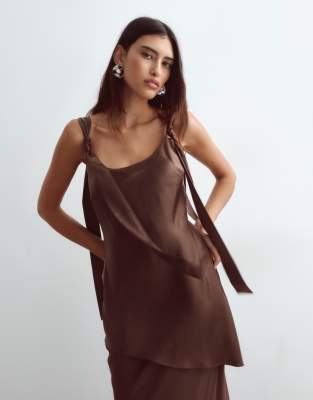 Arrange Tie Shoulder Satin Maxi Dress In Brown