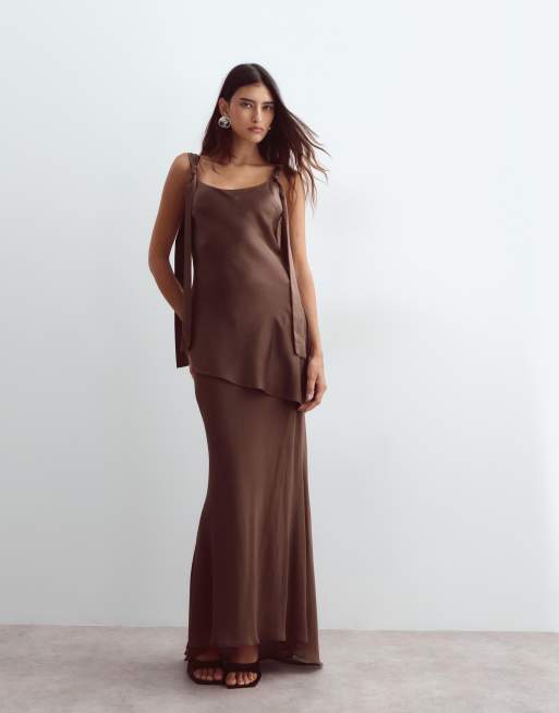 ARRANGE tie shoulder satin maxi dress in chocolate, 2 of 4