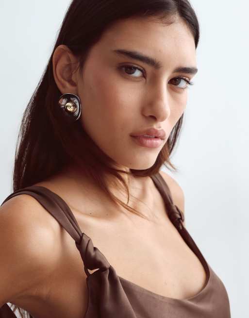 ARRANGE tie shoulder satin maxi dress in chocolate, 3 of 4