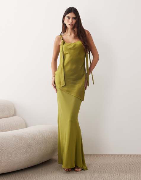 ARRANGE tie shoulder  satin maxi dress in olive green - view 1