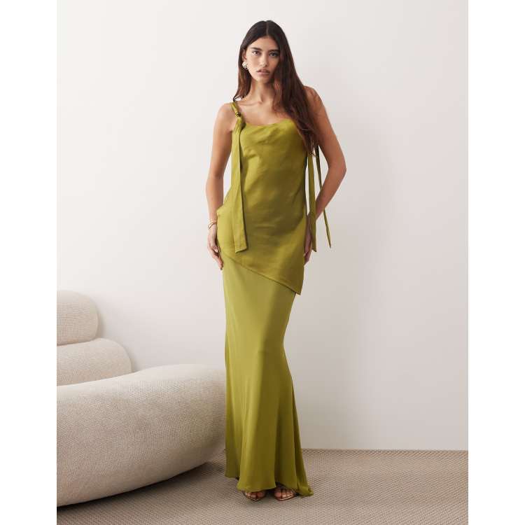 ARRANGE tie shoulder satin maxi dress in olive green | ASOS