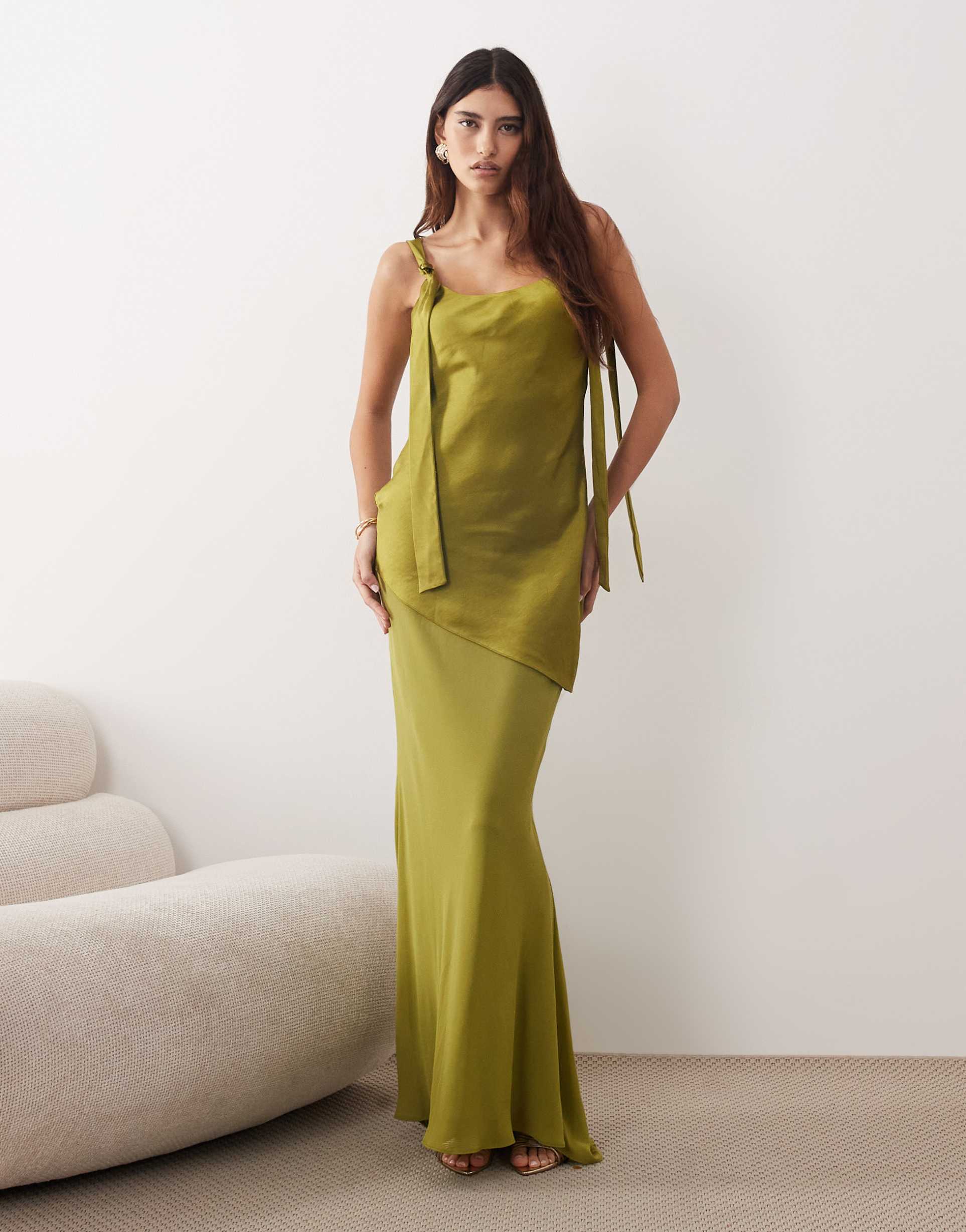 arrange tie shoulder satin maxi dress in olive green
