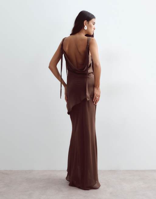 ARRANGE tie shoulders satin maxi dress in chocolate, 4 of 4
