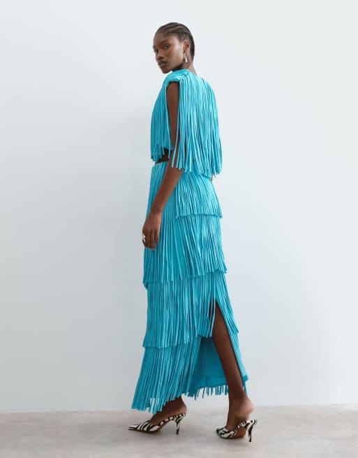 ARRANGE tiered fringe fitted maxi skirt  co ord in blue, 3 of 5