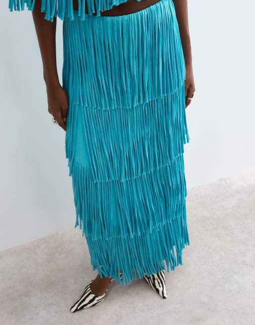 ARRANGE tiered fringe fitted maxi skirt  co ord in blue, 4 of 5