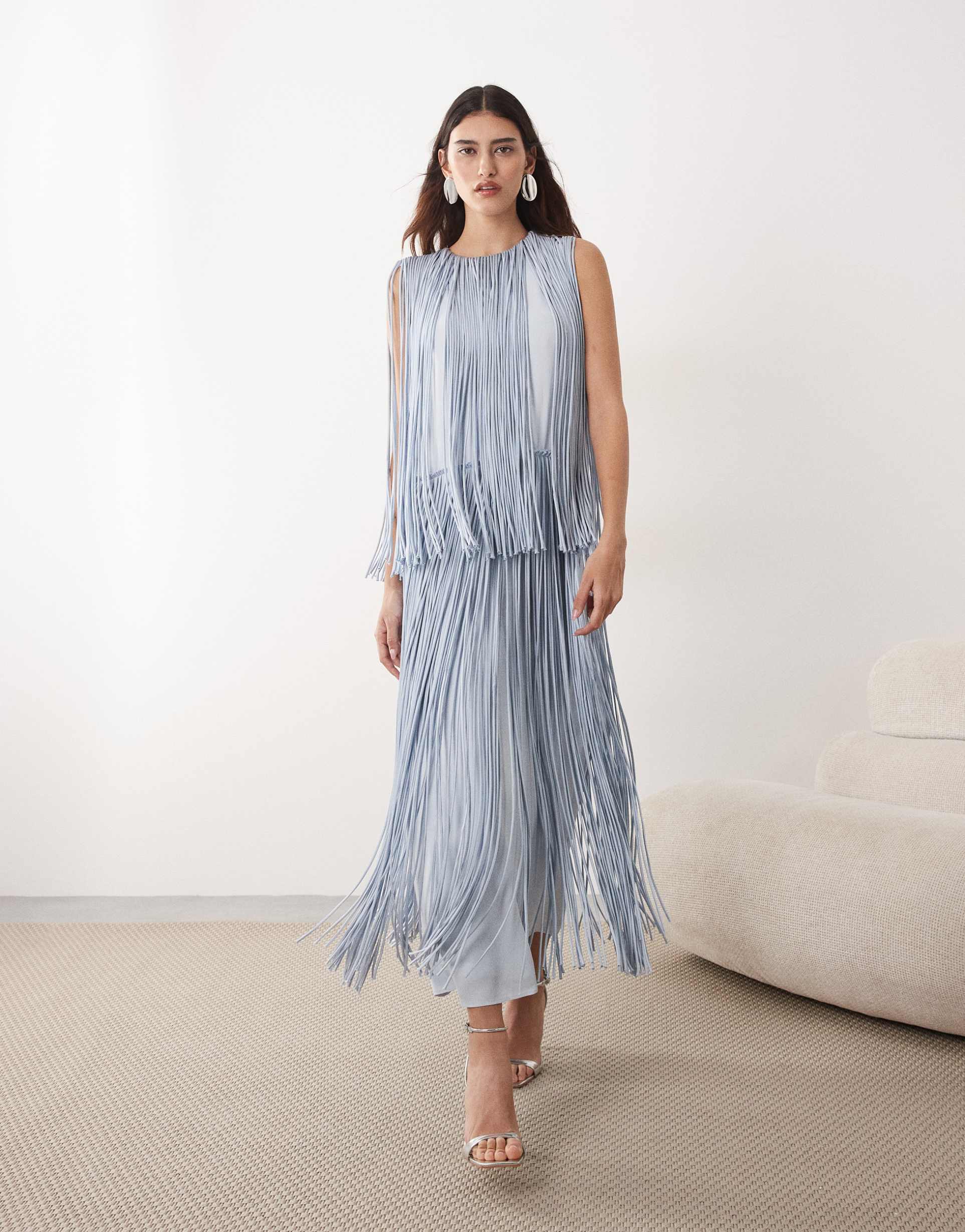 arrange tiered fringe midaxi dress in pale blue