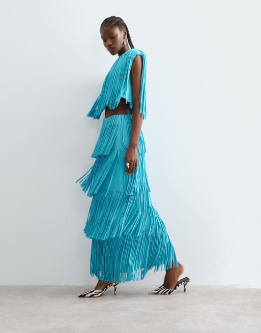 ARRANGE tiered fringe square cut top co ord in blue, 5 of 5