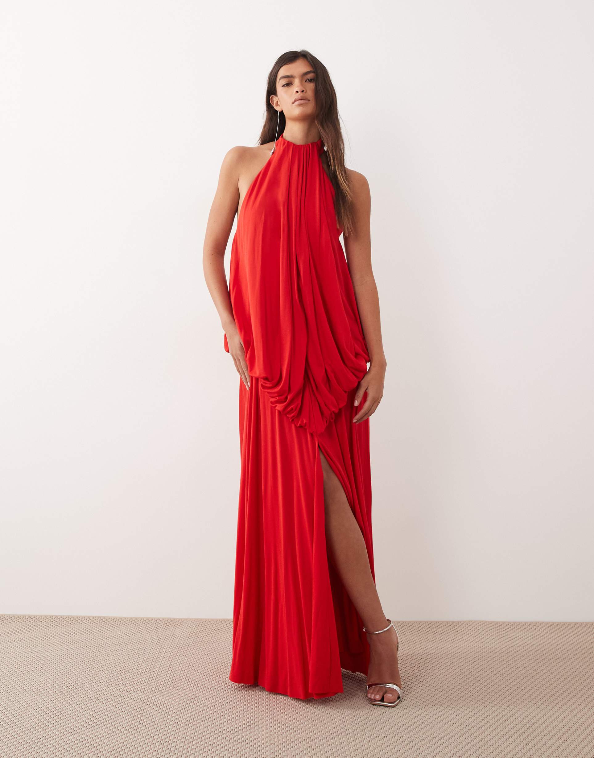 arrange tiered halter maxi dress in red