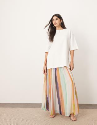 tiered maxi skirt with tie waist in blurred stripe-Multi