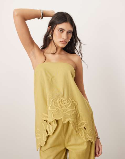 ARRANGE - Top a fascia taglio lungo in pizzo sangallo di cotone verde oliva con fiori ricamati con cut-out in coordinato - view 1