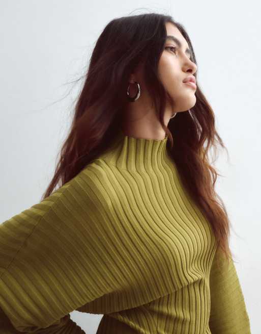 ARRANGE top a maniche lunghe in maglia a coste sagomata verde oliva, 2 di 4