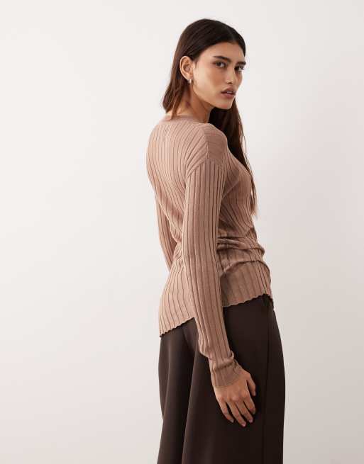 ARRANGE - Top a maniche lunghe in maglia a costine color moka, 4 di 4