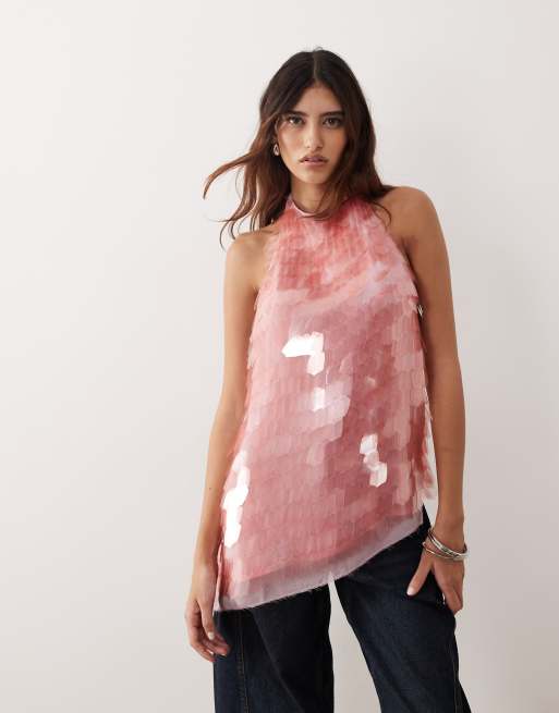 ARRANGE - Coordinato con top allacciato al collo e gonna midi rosa con paillettes effetto scheggia, 3 di 3
