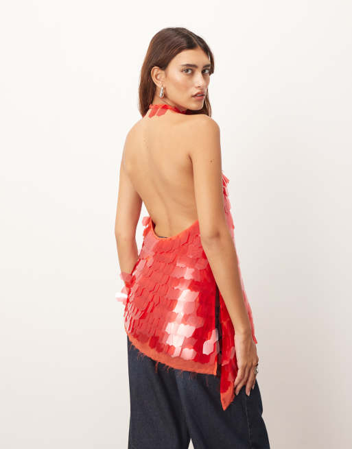 ARRANGE - Top allacciato al collo taglio lungo rosso decorato con paillettes effetto scheggia, 4 di 4