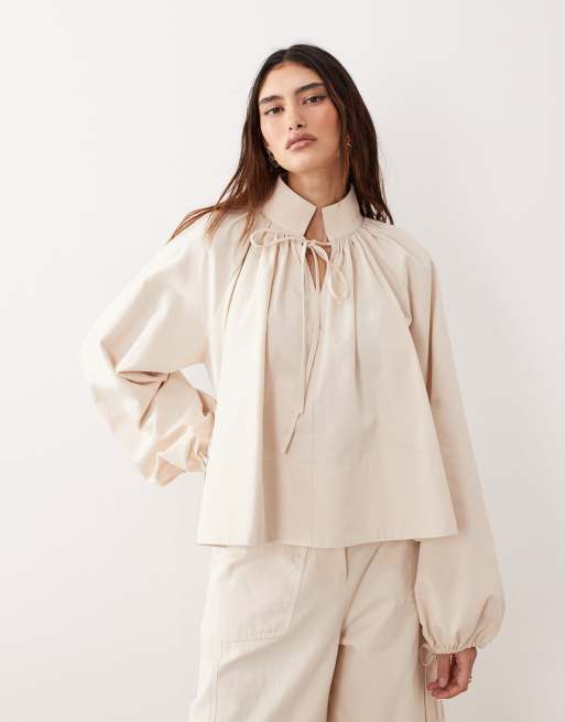 ARRANGE - Top arricciato con maniche a palloncino color pietra in coordinato