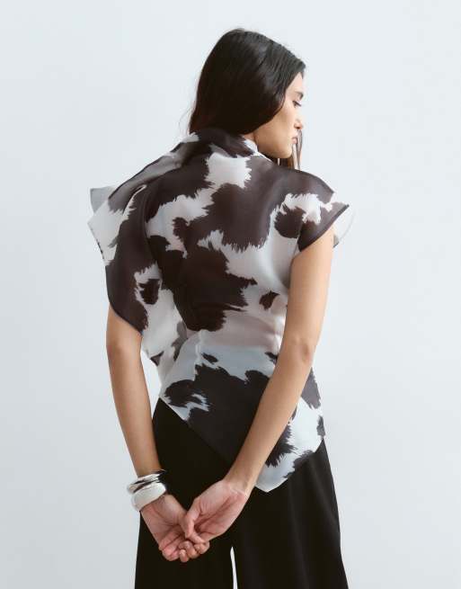ARRANGE top asymétrique en organza avec pinces, imprimé vache, 3 de 4