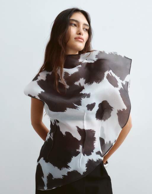 ARRANGE top asymétrique en organza avec pinces, imprimé vache, 4 de 4