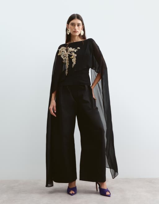 ARRANGE top con sovrapposizione a mantella ricamata e con perline, schiena scoperta, nero, 5 di 5