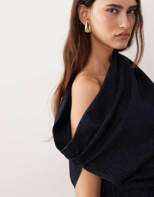 ARRANGE - Top con spalle scoperte e pieghe in vita in denim indaco in coordinato, 2 di 4