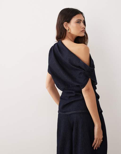 ARRANGE - Top con spalle scoperte e pieghe in vita in denim indaco in coordinato, 4 di 4