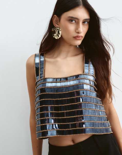 ARRANGE top corto boxy con cuello cuadrado y abalorios en gris plomo - view 1