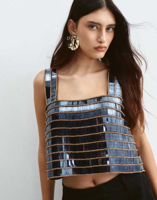 ARRANGE top corto boxy con scollo quadrato e perline, color gunmetal, 1 di 5