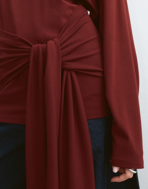 ARRANGE top de punto de manga larga con lazo en la cintura en burdeos, 3 de 5