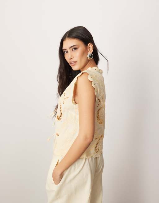 ARRANGE - Top d'ensemble noué à l'avant en coton avec broderies ajourées - Jaune citron, 4 de 4
