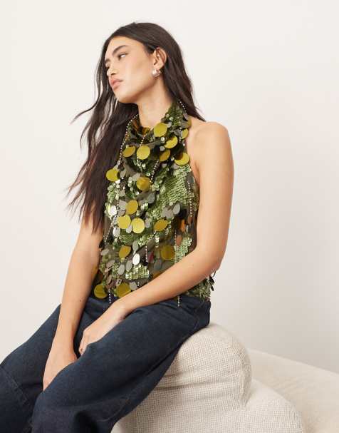 ARRANGE - Top dos nu à col bénitier avec sequins et franges - Kaki foncé - view 1