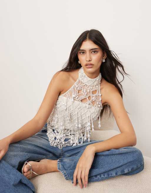 ARRANGE - Top dos nu asymétrique avec perles incrustées - Blanc