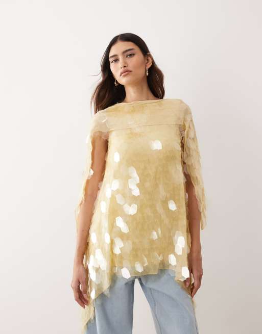 ARRANGE - Top drapé à col montant orné de sequins façon ornements - Jaune beurre, 4 de 4