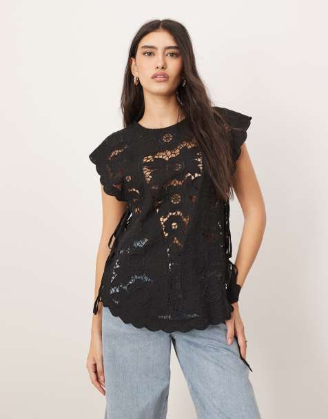 ARRANGE - Top en coton avec broderies ajourées et liens noués sur les côtés - Noir - view 1