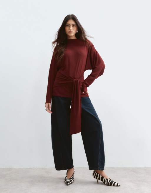 ARRANGE top en jersey à manches longues avec lien à la taille en bordeaux, 4 de 5